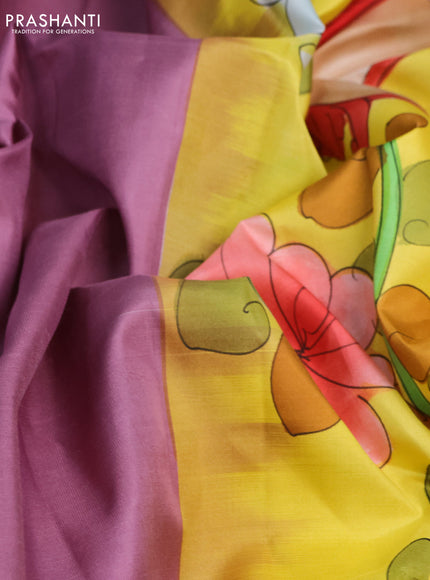 Pure soft silk saree mauve pink and yellow with plain body and hand painted pallu & blouse
