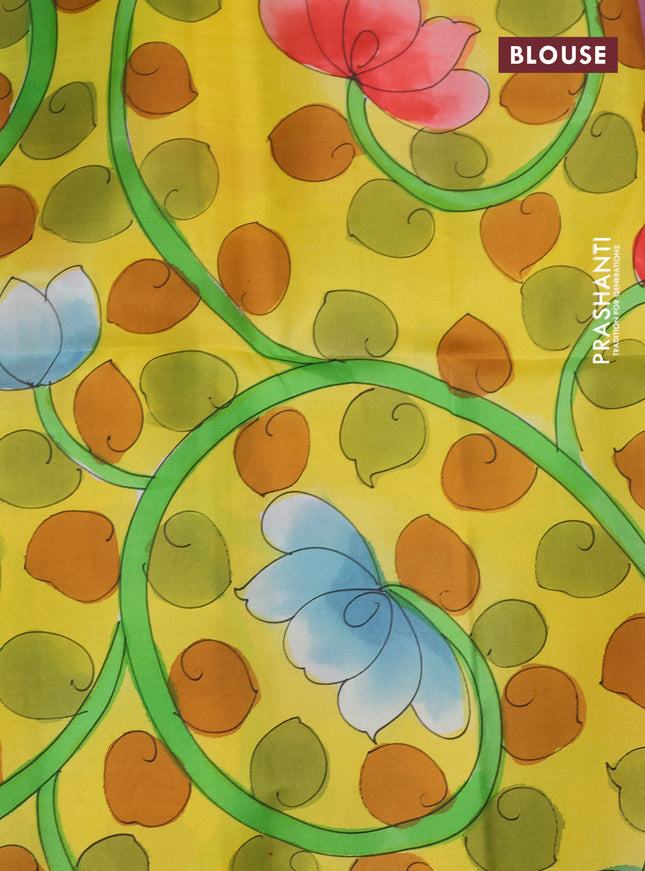 Pure soft silk saree mauve pink and yellow with plain body and hand painted pallu & blouse