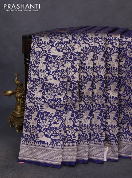 Banarasi semi katan saree navy blue with allover vanasingaram zari weaves and woven border