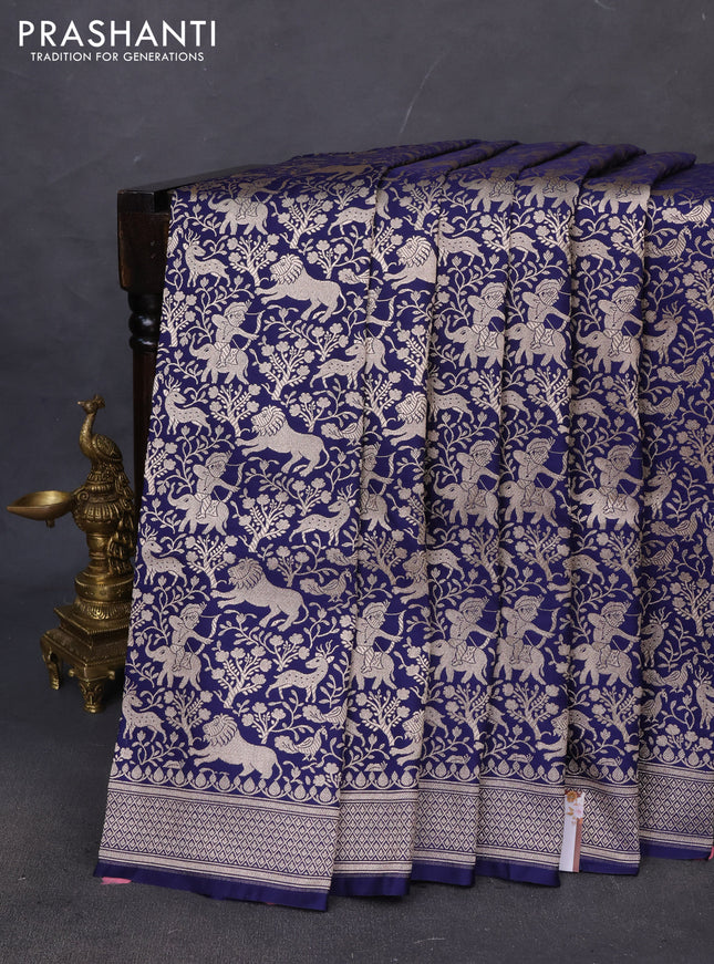 Banarasi semi katan saree navy blue with allover vanasingaram zari weaves and woven border