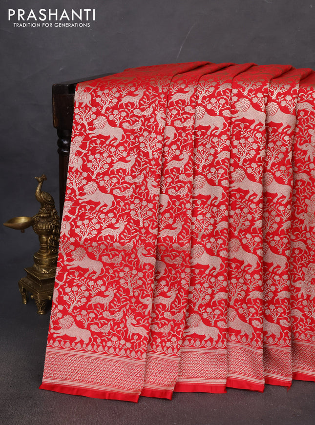 Banarasi semi katan saree red with allover vanasingaram zari weaves and woven border
