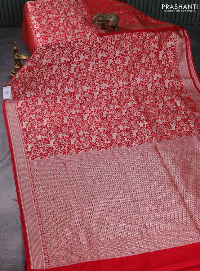 Banarasi semi katan saree red with allover vanasingaram zari weaves and woven border