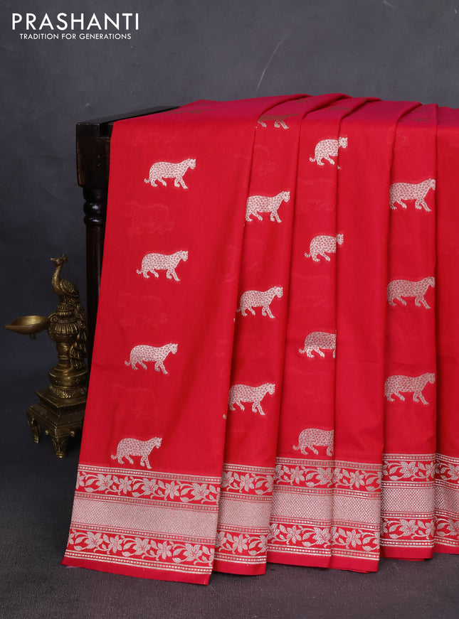 Banarasi semi katan saree red with zari woven buttas and zari woven border