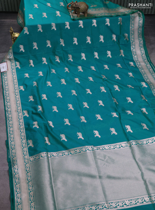 Banarasi semi katan saree teal green with zari woven buttas and zari woven border