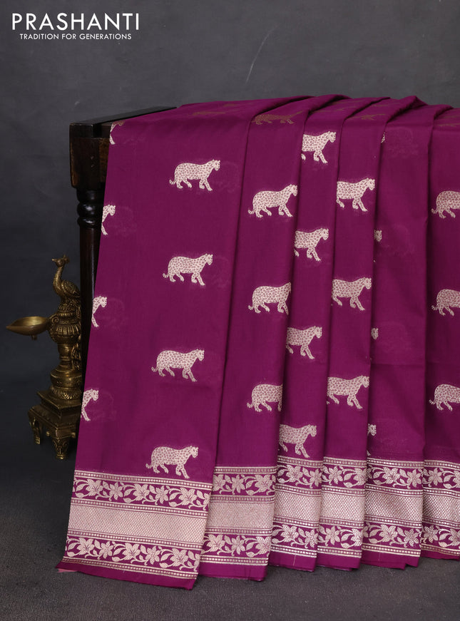 Banarasi semi katan saree deep purple with zari woven buttas and zari woven border