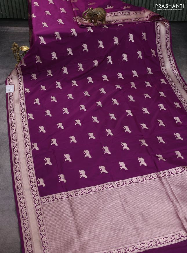Banarasi semi katan saree deep purple with zari woven buttas and zari woven border