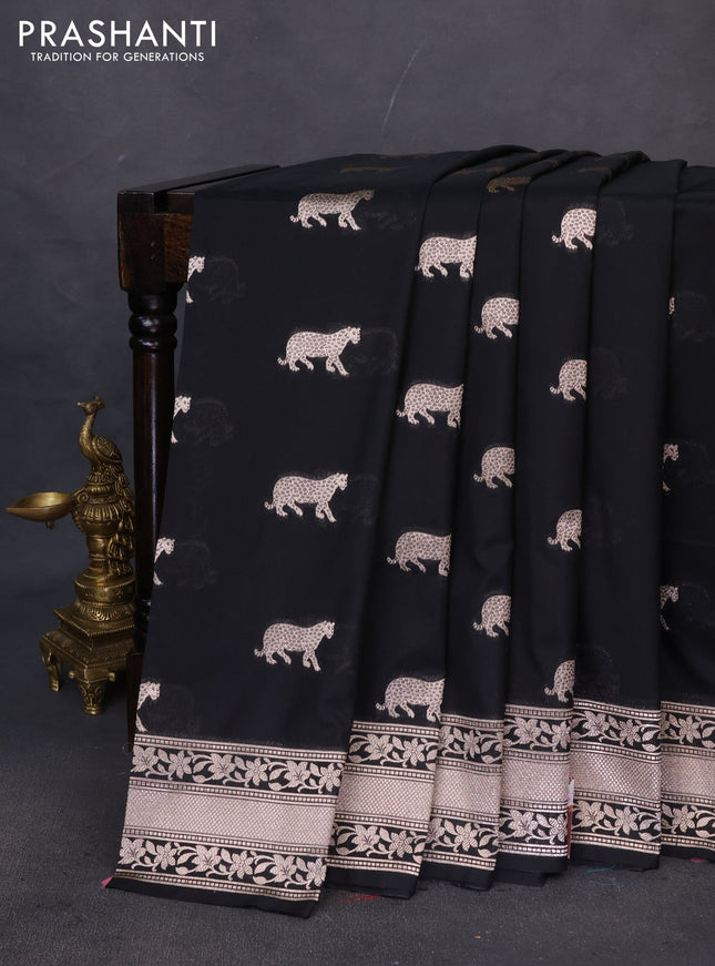 Banarasi semi katan saree black with zari woven buttas and zari woven border