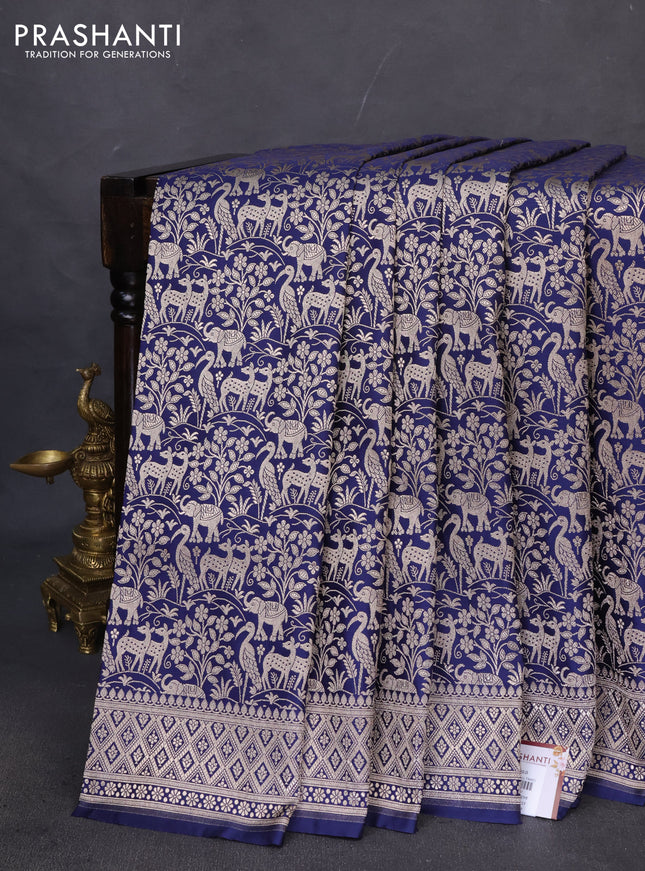 Banarasi semi katan saree navy blue with allover zari woven vanasingaram weaves and zari woven border