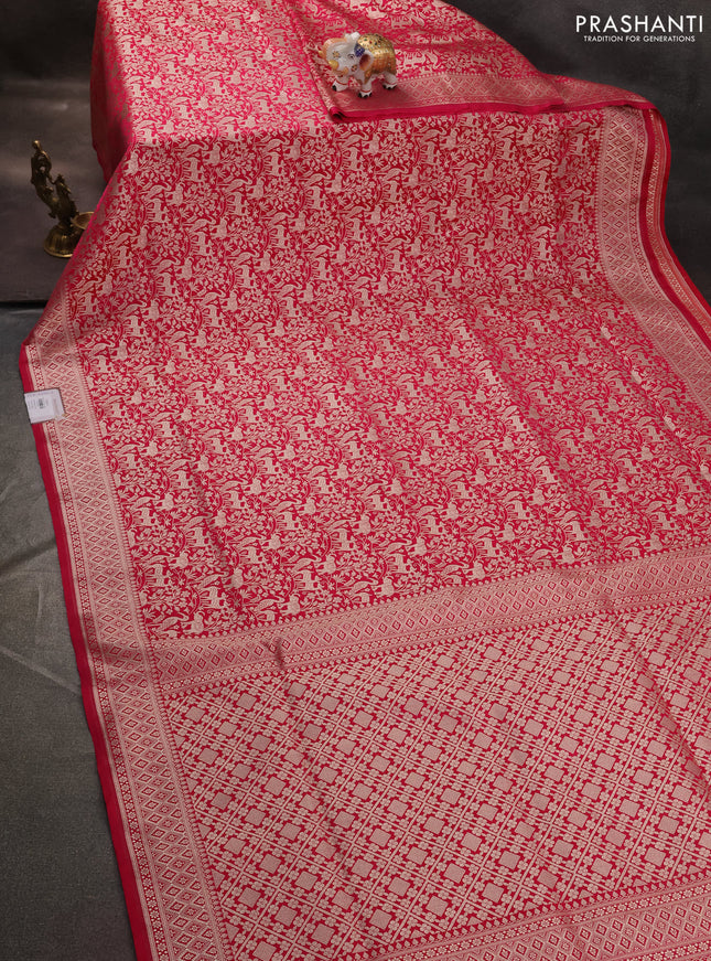 Banarasi semi katan saree pink with allover zari woven vanasingaram weaves and zari woven border