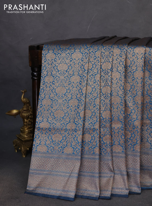 Banarasi semi katan saree peacock blue with allover thread & zari woven brocade pattern and woven border