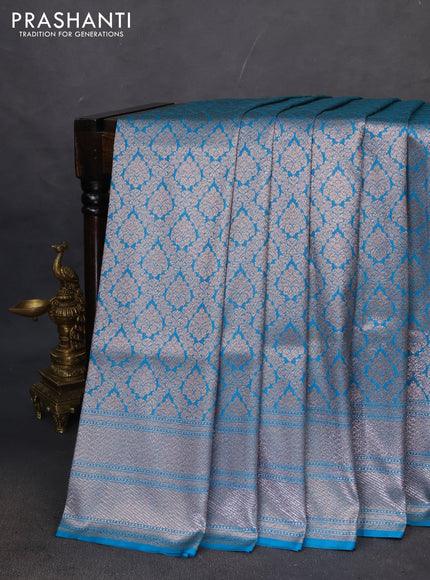 Banarasi semi katan saree cs blue with allover thread & zari woven brocade pattern and woven border