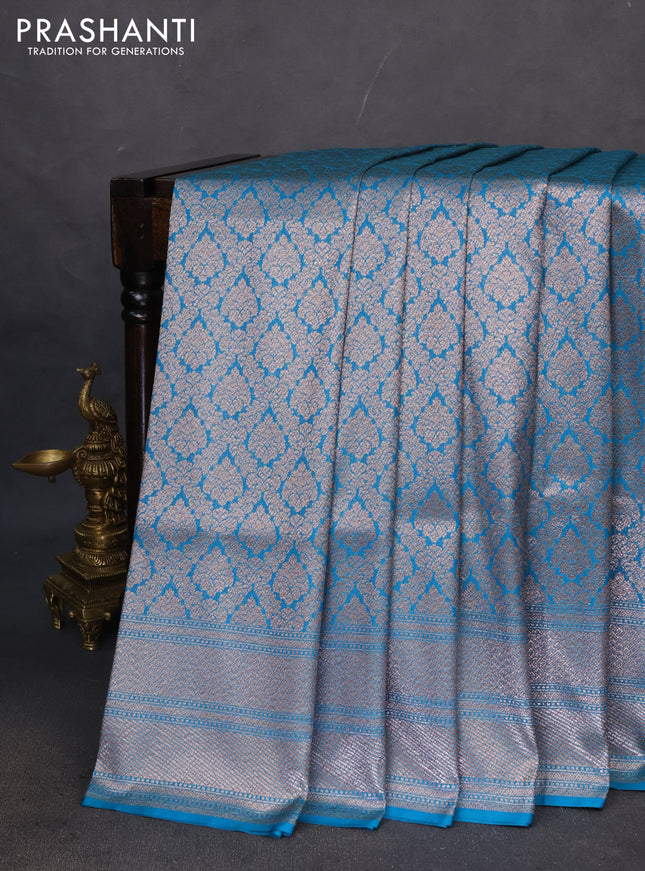 Banarasi semi katan saree cs blue with allover thread & zari woven brocade pattern and woven border