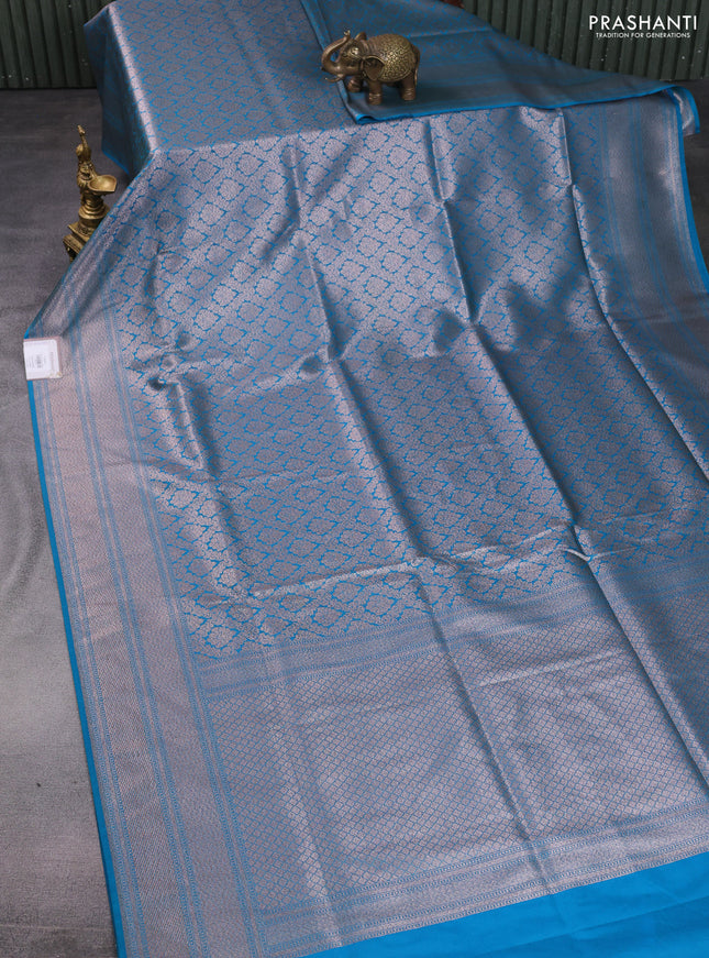 Banarasi semi katan saree cs blue with allover thread & zari woven brocade pattern and woven border