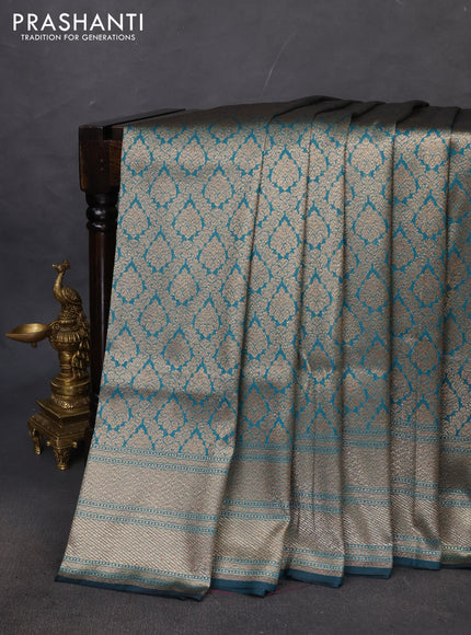 Banarasi semi katan saree teal green with allover thread & zari woven brocade pattern and woven border
