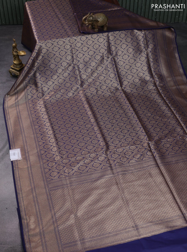 Banarasi semi katan saree navy blue with allover thread & zari woven brocade pattern and woven border