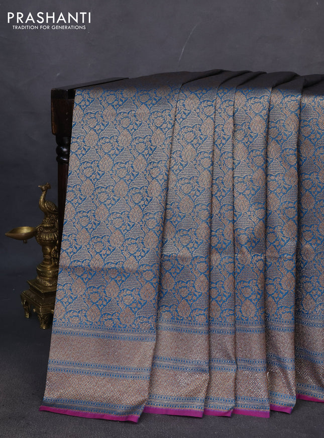 Banarasi semi katan saree peacock blue and purple with allover zari woven brocade weaves and woven border
