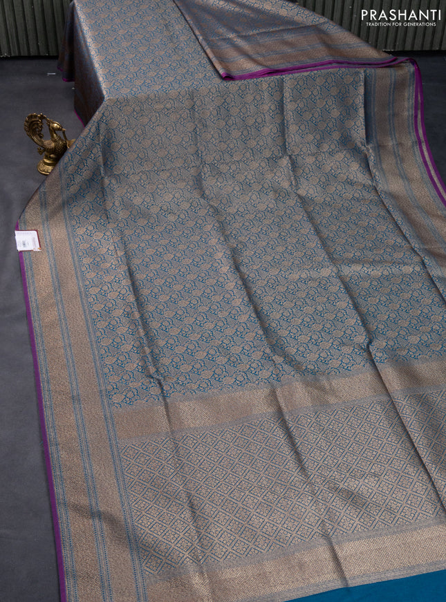 Banarasi semi katan saree peacock blue and purple with allover zari woven brocade weaves and woven border