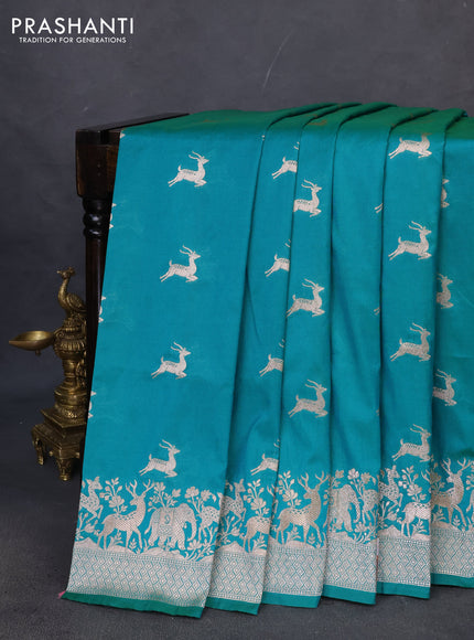 Banarasi semi katan saree teal green with zari woven buttas and zari woven border