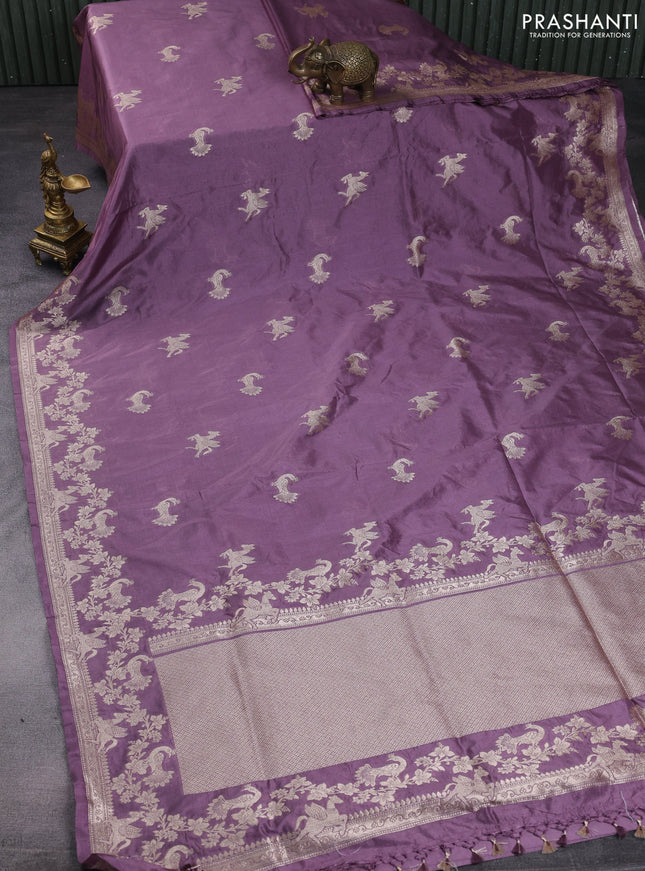 Banarasi semi katan saree lavender shade with zari woven buttas and zari woven border