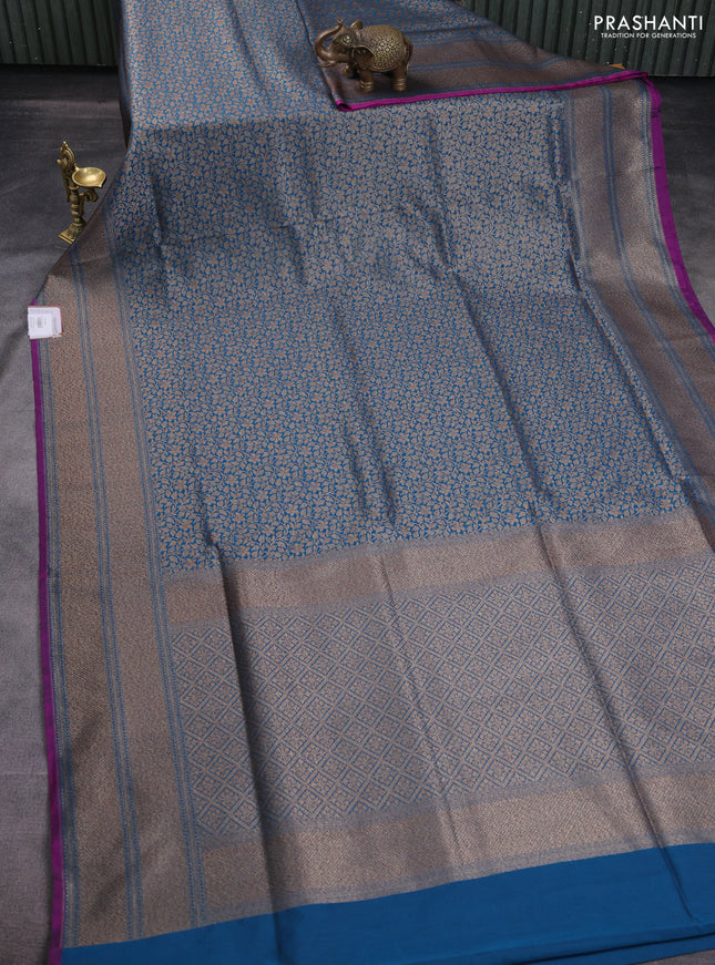 Banarasi semi katan saree peacock blue and purple with allover thread & zari woven brocade pattern and woven border