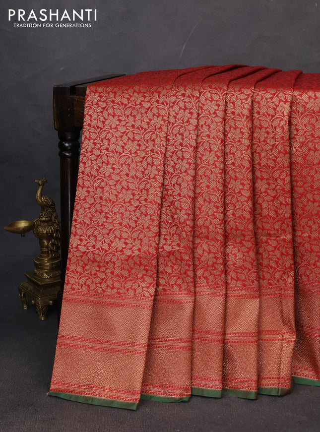 Banarasi semi katan saree red and green with allover thread & zari woven brocade pattern and woven border