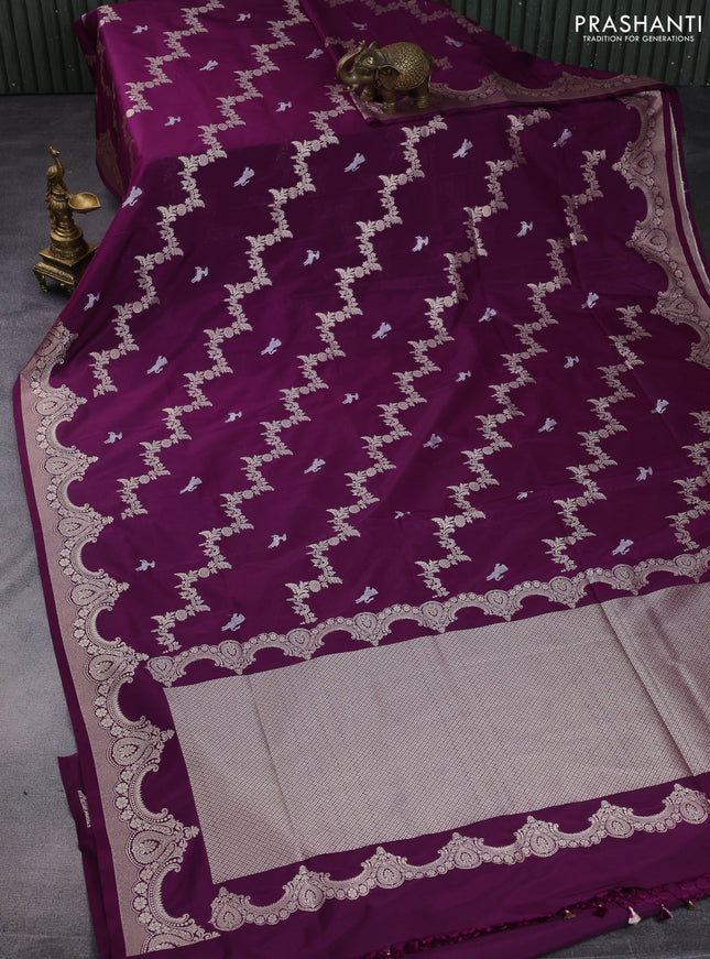 Banarasi semi katan saree purple with silver & gold zari weaves and zari woven border