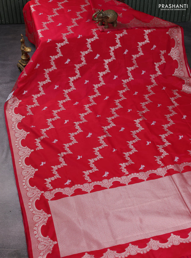 Banarasi semi katan saree reddish pink with silver & gold zari weaves and zari woven border