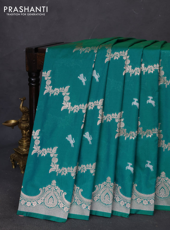 Banarasi semi katan saree teal green with silver & gold zari weaves and zari woven border