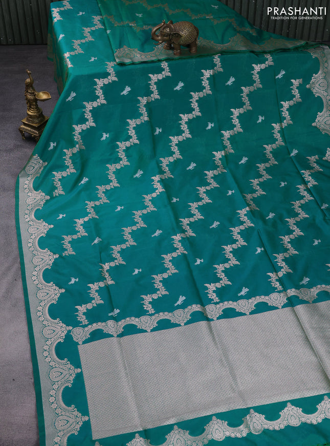Banarasi semi katan saree teal green with silver & gold zari weaves and zari woven border