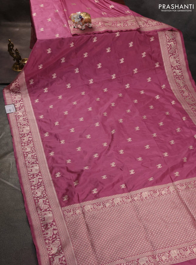Banarasi semi katan saree pastel pink with lion zari woven buttas and rich zari woven butta border