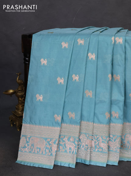 Banarasi semi katan saree teal blue with lion zari woven buttas and rich zari woven butta border