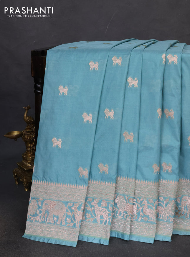 Banarasi semi katan saree teal blue with lion zari woven buttas and rich zari woven butta border