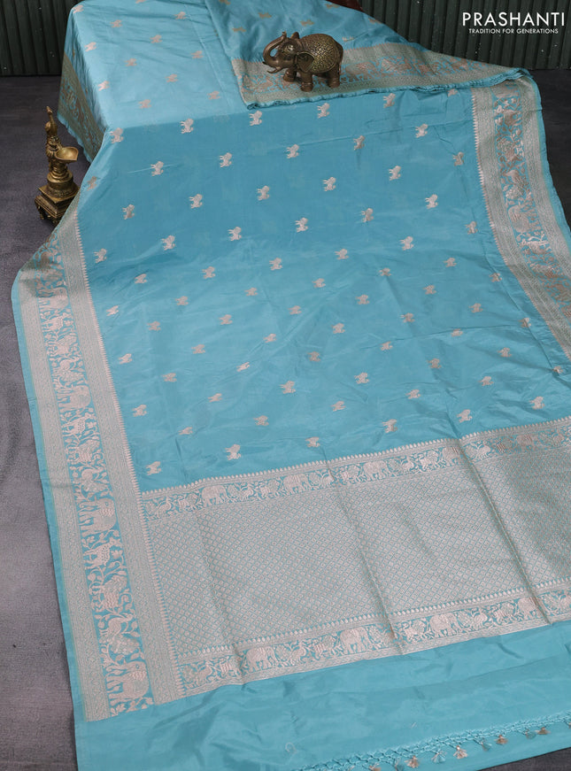Banarasi semi katan saree teal blue with lion zari woven buttas and rich zari woven butta border