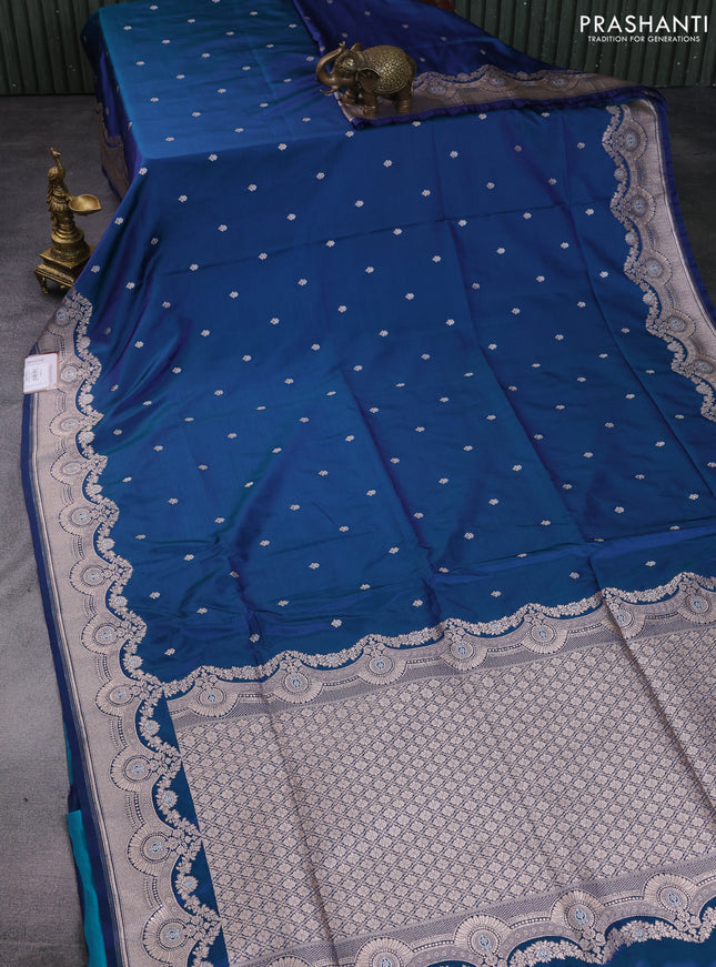 Banarasi semi katan saree dual shade of peacock blue with silver & gold zari woven buttas and rich zari woven border
