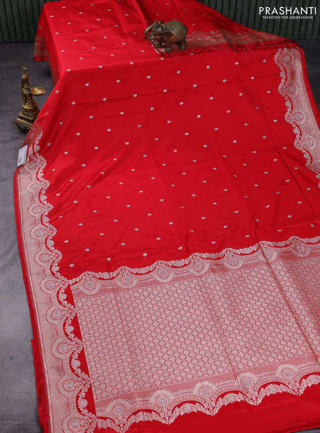 Banarasi semi katan saree red with silver & gold zari woven buttas and rich zari woven border
