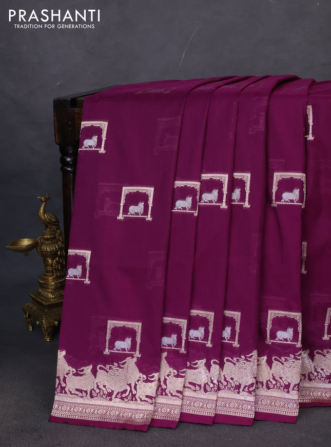 Banarasi semi katan saree deep purple with zari woven buttas and zari woven border