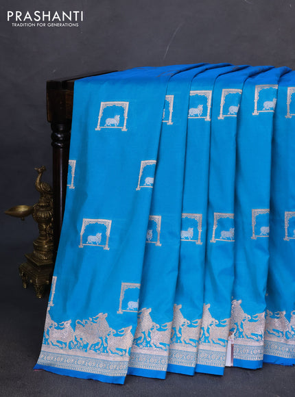 Banarasi semi katan saree dual shade of teal blue with zari woven buttas and zari woven border