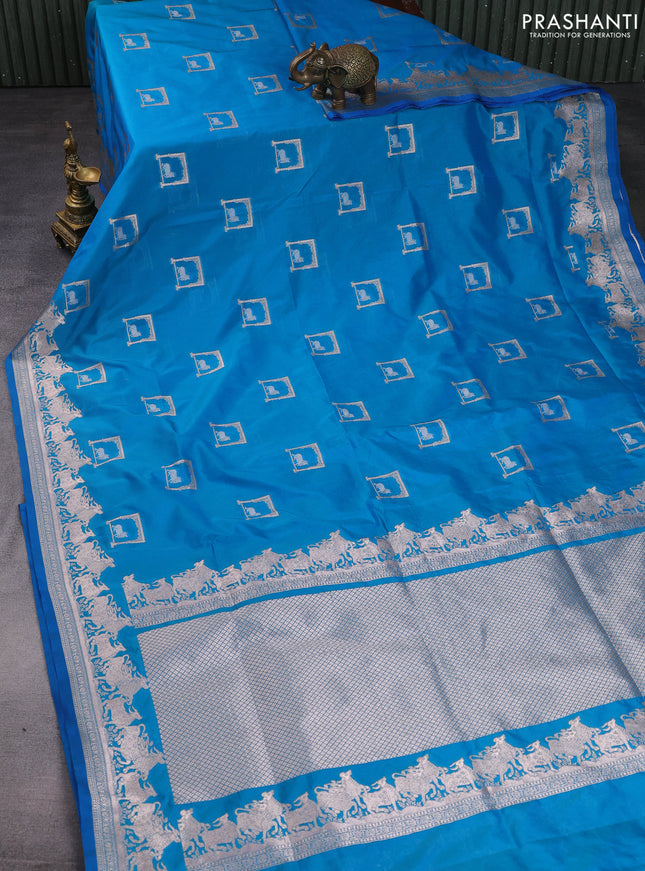Banarasi semi katan saree dual shade of teal blue with zari woven buttas and zari woven border