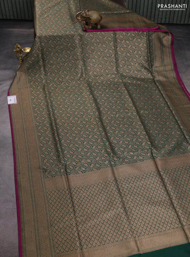 Banarasi semi katan saree green and magenta pink with allover thread & zari woven brocade pattern and woven border
