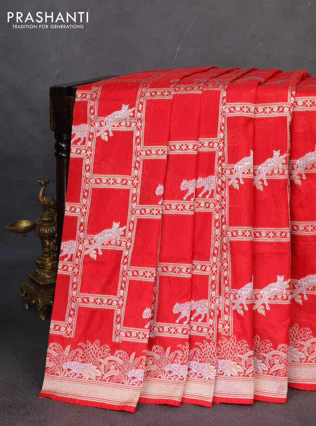 Banarasi semi katan saree red with allover zari weaves and zari woven border
