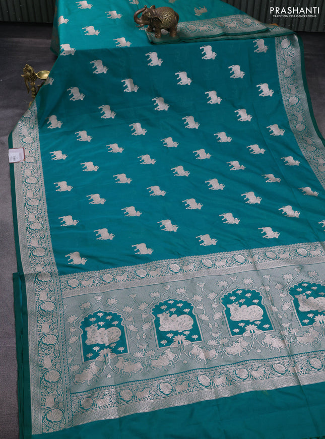 Banarasi semi katan saree teal green with zari woven buttas and zari woven border