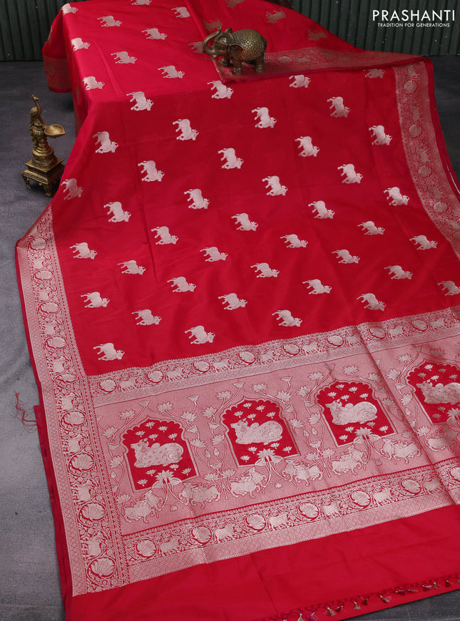Banarasi semi katan saree reddish pink with zari woven buttas and zari woven border