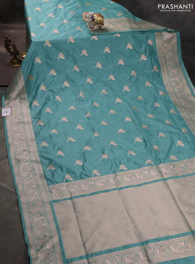 Banarasi semi katan saree teal blue with zari woven buttas and zari woven border