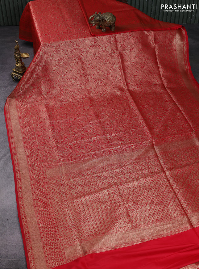 Banarasi semi katan saree red with allover thread & zari woven brocade weaves and woven border