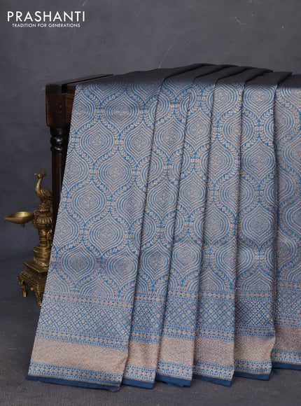 Banarasi semi katan saree peacock blue with allover thread & zari woven brocade weaves and woven border