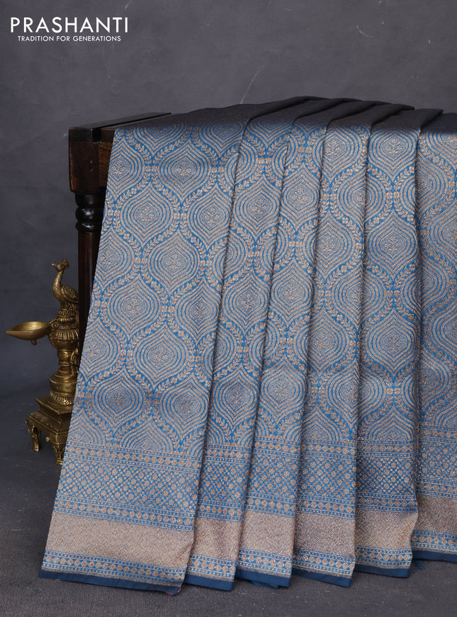 Banarasi semi katan saree peacock blue with allover thread & zari woven brocade weaves and woven border