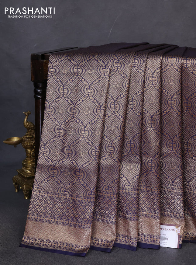 Banarasi semi katan saree navy blue with allover thread & zari woven brocade weaves and woven border