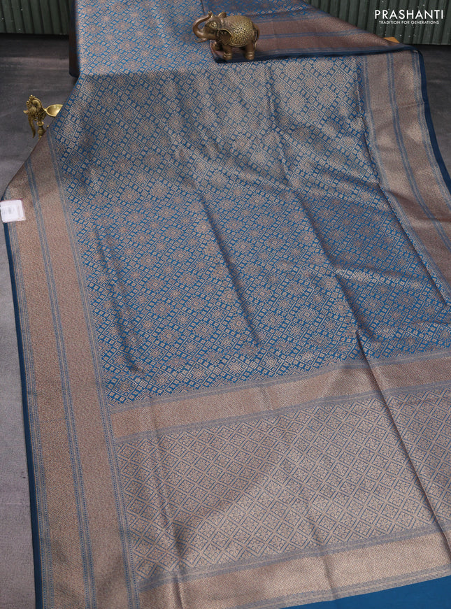 Banarasi semi katan saree peacock blue with allover thread & zari weaves and woven border