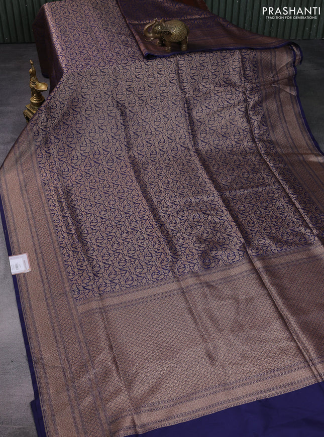 Banarasi semi katan saree navy blue with allover thread & zari brocade weaves and woven border
