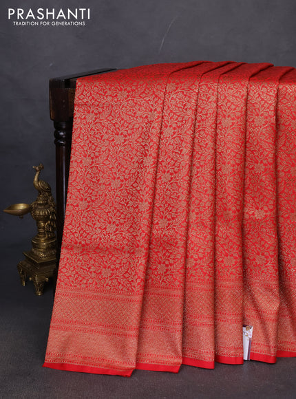 Banarasi semi katan saree red with allover thread & zari brocade weaves and woven border
